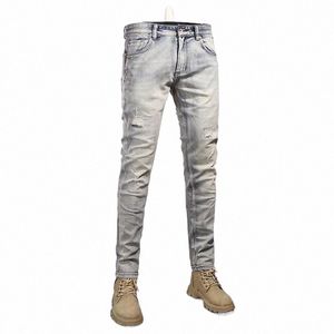 Fi Streetwear Men Jeans Retro Wed Light Blue Stretch Slim Fit Ripped Jeans Men Patched Vintage Designer Denim Pants J6f1＃