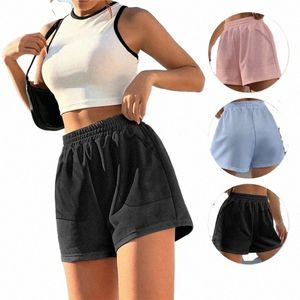 Kvinnors sport shorts solid färg lös sommar kvinna hög midja delad bekväm sport shorts träning dagliga kläder fitn m78c#