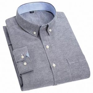 Camisa masculina Oxford LG manga listrada xadrez casual Frt Patch Pocket Regular-fit Butt-down Collar Camisas de trabalho grossas G5W4 #