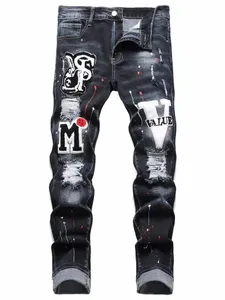 Män stretchig rippad mager cyklist broderi carto tryck jeans förstört hål smal passform denim hög kvalitet hip hop svart jeans q9l6#