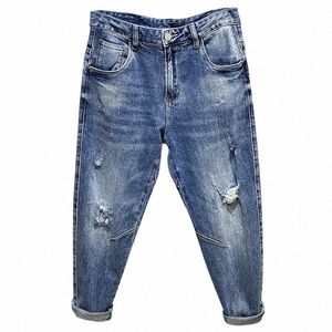 Jeans strappati Uomo Pantaloni capris elasticizzati blu chiaro Pantaloni Harem casual Distred Pantaloni vintage alla caviglia Hip Hop Jeans Brand A2iA #