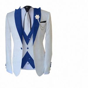 2023 3 Pieces Groom Wedding Suits For Men Blazer Sets Fi Designs White Busin Jacket Vest Royal Blue Pants Dr Tuxedo u5KF#