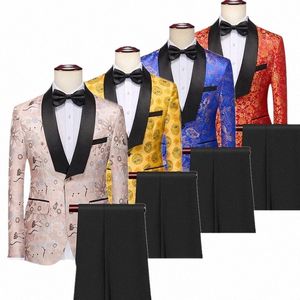 Autumn New Men's Slim Suit Two-Piece Jacquard Fabric Dr Jacket och byxor Blue Red Green Yellow Blazer Trouser M-4XL 5XL 6XL G0NT#