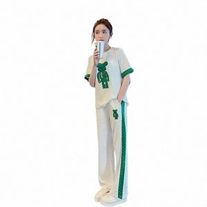 女性の2024年春夏新しいカジュアルスウェットスーツfi服韓国の半袖Tシャツトップパンツ2二個セット女性Q4ur＃