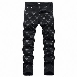 Calças masculinas pretas com estampa digital Cott Jeans cintura média casual Hip Hop Street Bike Fi Roupas C6kc #