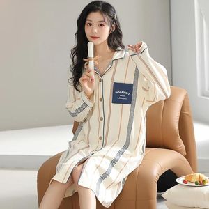 Damennachtwäsche 2024 Frühling lässig gestreifte Langarm-Baumwollnachthemden für Frauen Koreanisches loses Nachtkleid Nachthemd Home Nighty