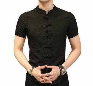 Novo estilo chinês cor sólida camisa de manga curta com fivela estilo coreano fi casual camiseta f4v7 #