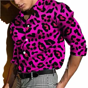 Leopard tryckskjorta Herrmuffed FI Casual Men's Soft Comfort High End Party Tops Men's Street LG Sleeve Clothing Tops B9f7#