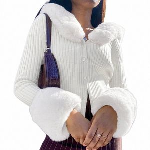 autumn Winter Ribbed Knitted Cardigans Sweaters with Fur Trim Collar Lg Sleeve Slim Jumpers Women Knitwear Lady Chic Sweaters I9Sh#