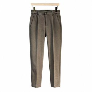 autumn Winter Men's Woolen Suit Pants Formal Busin Office Slim Straight Elastic Waist Korean Casual Tapered Brown Trousers G8eO#
