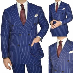 navy Blue Men's Suit 2 Pieces Blazer Pants Double Breasted Peaked Lapel Pinstripes Busin Modern Wedding Groom Costume Homme c8bq#