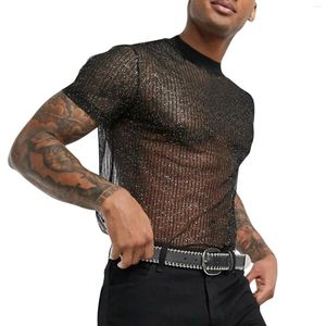 Men's T Shirts Sexy Sequins T-shirt Top Round Neck Short Sleeve Sequin Transparent Mesh Summer Male Club Party Tshirts Camiseta