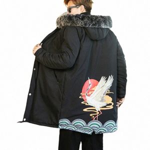 2019 Retro LG Sleeve Parkas Men Winter Jacket Varm överdimensionerad kappa Hip-pop-tryck Crane Hooded LG Jackor för män KK3207 Y2K0#