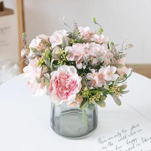 Decorative Flowers Pink Artificial Peony Silk Rose Hydrangea Bouquet Vase For Home Decorations Party Wedding Bride Fake Plants