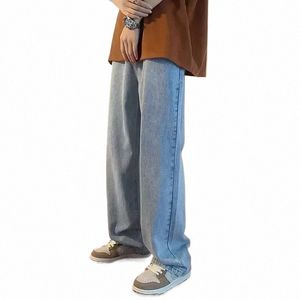 korean Fi Men's Baggy Jeans Classic All-match Solid Color Straight-leg Denim Wide-leg Pants Male Light Blue Grey Black v9xg#