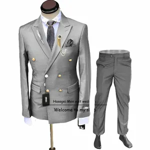 Официальный костюм для мужчин, свадебный смокинг, двубортный пиджак и брюки, комплект из 2 предметов, блейзер с золотыми задницами, костюм жениха N6LW #