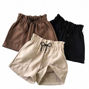 Cintura alta perna larga preto shorts feminino outono inverno sólido curto casual engrossar quente senhoras shorts de lã elástico g2e9 #