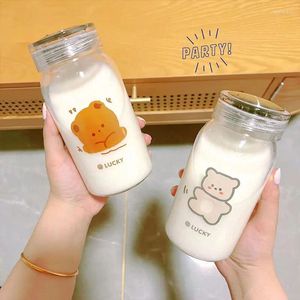 Wine Glasses Cartoon Lovely Bear Pattern Glass Cup With Lid Heat Resistance Portable Coffee Milk Water Bottle Outoor Travel 1pcs