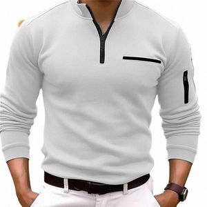 FI märke lyxiga män blixtlås polo skjorta mens golf sport smal fit casual vanlig koreansk fast färg lg ärm toppar kläder o5xw#