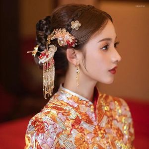 Fontes de festa luxo vermelho nupcial cocar vintage chinês xiuhe acessórios de cabelo antigo casamento ouro borboleta flor longas borlas jóias