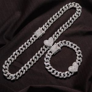 Kedjor 2pc Set Rapper Full Heavy Heart-Shaped Cuban Link Armband Iced Women For Men Necklcae Chain Prong Pave Luxury HipHop Jewel220V