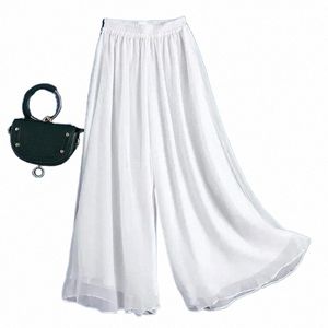 wtempo Pantaloni a gamba larga da donna Pantaloni Flowy Swing a doppio strato Pantaloni versatili a vita alta Pantaloni Chiff allentati allentati d9V9 #