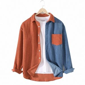 Corduroy Men Shirt Casual Patchwork Lapel THE Down Butt Lg Sleeve Shirt Streetwear Luksusowe ubranie 2023 x1ft#