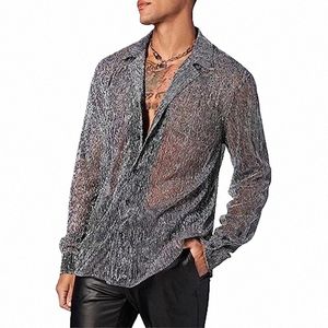 party Fi Mens Shirt Sexy Transparent Mesh Shirts For Men Spring Trendy Pure Color Lg Sleeve Lapel Butt Shirt Nightclub F4xc#