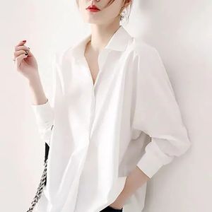 Weiß Schwarz Frauen Hemd Koreanische Langarm Revers Neck Button Up Bluse Frühling Oversize Lose Weibliche Alle Spiel Kleidung Top NS5836 240328