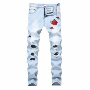 Zerrissene Jeans mit Stickerei Herren mit Frs Rose Hose bestickt Herren Denim Jeans Stretch Skinny Push Größe 40 42 Hosen p7Ma #