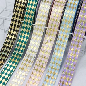 Tillbehör 25mm hologram Guldfolie Geometri Rhombus Yama Satin Ribbon för DIY Badge Tray Material 50yards välkommen anpassad design