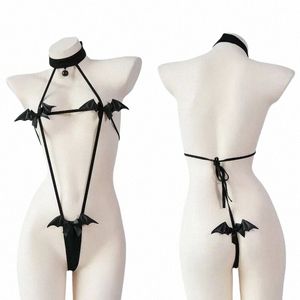 bikini sexy cinghie a righe lingerie cosplay pipistrello nero mini bikini costumi erotici set di biancheria intima L7gG #