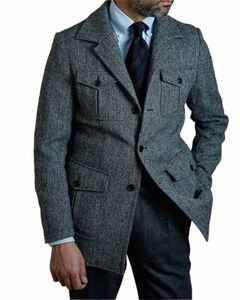 2024 Vintage Busin Männer Anzüge Slim Fit Tweed Herringbe Smoking Bräutigam Anzüge Für Männer Hochzeit Kerbe Revers Jacke Männliche Blazer s7um #