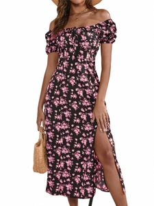Kvinnor elegant blommig tryckt LG Dres Casual Strapl Puff Short Sleeve A Line Dres Ladies Site Dres Summer W5LU#