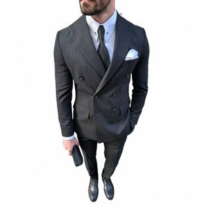 Preto listrado para homens 2 peça formal busin cavalheiros casamento smoking casual fi pico lapela masculino terno fino blazer + calças U1Me #