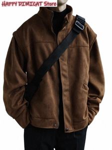 Jaqueta de camurça do zíper vintage Autumn Workwearwear Baseball Jacket Men's Solid Cargo Solid Lapeel Coat Unissex Niche Unissex Japão N8B3#