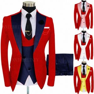 Jacquard Roter Anzug Männer 3 Stück Benutzerdefinierte Bräutigam Hochzeit Smoking Slim Fit Prom Party Blazer Anzug Jacke Zweireiher Weste Hosen Set n3XK #