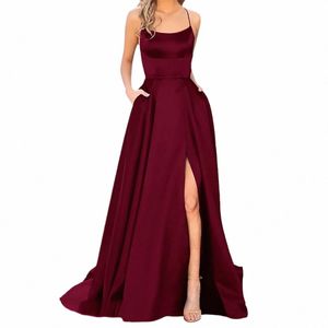 elegante Hight Split da sera Maxi Dr Sexy Lace-Up Backl Lg Dres Navy Blue Sleevel Vita alta Party Dr Robe A5pA #