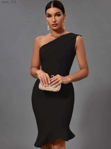 Grundlegende Freizeitkleider Meerjungfrau Midi-Verbandskleid Frauen Schwarz, figurbetont Abendparty Elegant Sexy One Shoulder Geburtstag Club Outfit 2023 Sommer yq240328