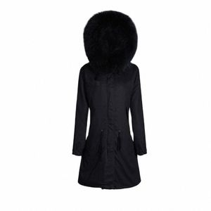 new Fi Classic Black Faux Fur Lined Parka Women Lg Style Winter Overcoat With Fur Hooded U07y#