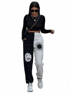 2023 outono e inverno calças de roupas femininas harajuku cintura elástica bolso lado sol mo impressão gráfica colorblock punk calças f0o1 #