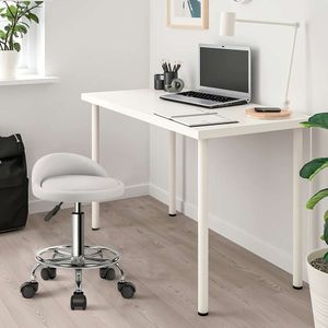 White PU Leather Round Rolling Stool Foot Rest, Height Adjustable Swivel Drafting Work SPA Task Chair with Wheels