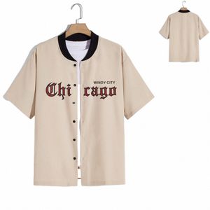 męski mundur baseballowy Khaki Letter z krótkim rękawem Chicago Print Baseball Shirt Casual Hip Hop koszulka