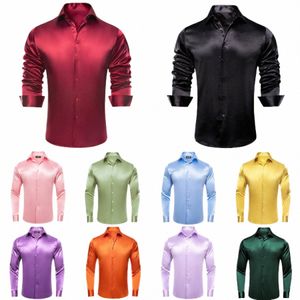 Hi-Tie Black Burdy Men's LG Sleeve Plain Satin Silk Dr Shirts Casual Formal Blouse Shirt Luxury Designer Men kläder 377K#