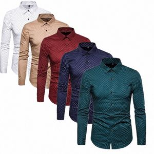 Blue Single Breasted LG Sleeve Cott Shirt Herr Square Collar Tryckta skjortor Vit Red Khaki Camisa Male Chemise M-4XL 5XL I8Z3#