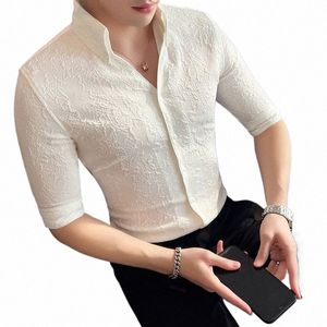 high Quality V-neck Dr Shirts For Men Summer Spring Half Lseeve Embossing Mens Floral Shirt Stage Party Tuxedo Formal Wear J1zL#