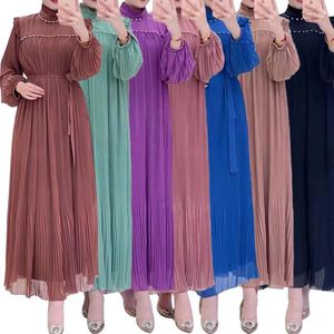 Sukienki swobodne solidne z rękawem latarni Abayas dla kobiet eleganckie temperament Dubai abaya kaftan indyka islam kaftan muzułmańska kaftan z paskiem