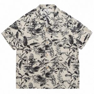 Oversize Retro Floral Impresso Camisa de Manga Curta Solta Casual para Homens Camisas Cott Mens Roupas Havaianas Camisas Versáteis i77q #