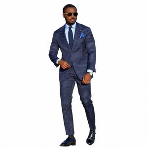 Vertikal stripe Men's Suit Slim Fit Blazer Set för Busin Navy Blue Tuxedos 2 bitar Jacka och byxor Bröllopsbrudgum B2Z4#