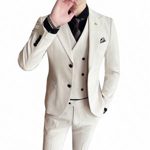 2023 FI Neue Männer Busin Solid Color Slim Anzug / Slim Fit Zweireiher Weste Dr Blazers Jacke Mantel Weste Hosen T7u5 #